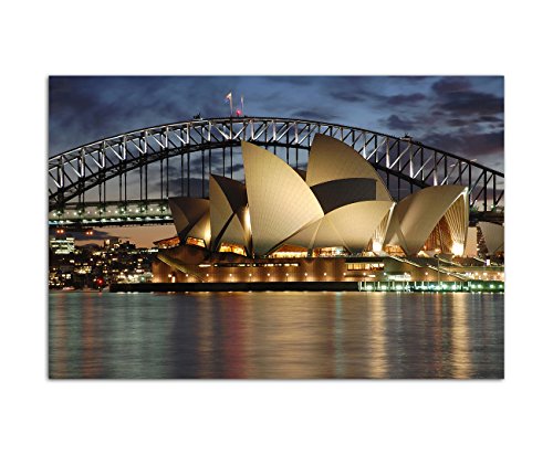 120x80cm - Fotodruck auf Leinwand und Rahmen Sydney Oper Harbour Bridge Nacht - Leinwandbild auf Keilrahmen modern stilvoll - Bilder und Dekoration von Augenblicke Wandbilder