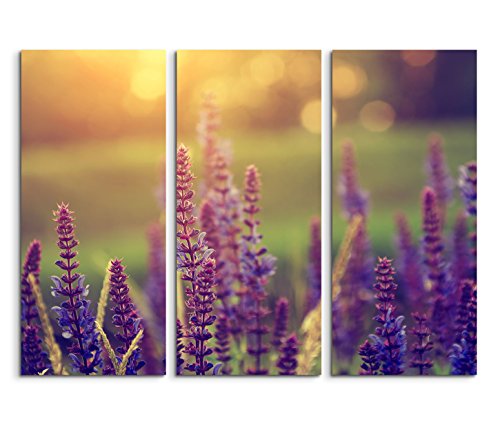 3x40x90cm (Gesamt:130x90cm) 3teiliges Bild auf Leinwand Blumenwiese Lavendel Sommertag Vintage Wandbild auf Leinwand als Panorama von Augenblicke Wandbilder