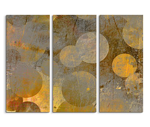 3x40x90cm (Gesamt:130x90cm) 3teiliges Bild auf Leinwand Hintergrund abstrakt Grunge Kreise grau gelb Wandbild auf Leinwand als Panorama von Augenblicke Wandbilder
