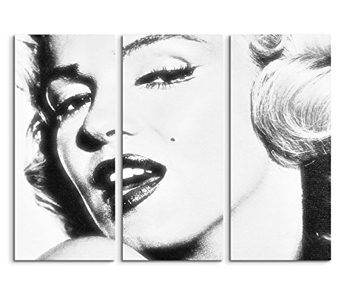 3x40x90cm (Gesamt:130x90cm) 3teiliges Bild auf Leinwand Marilyn Monroe Portrait Gesicht schwarz weiß Wandbild auf Leinwand als Panorama von Augenblicke Wandbilder