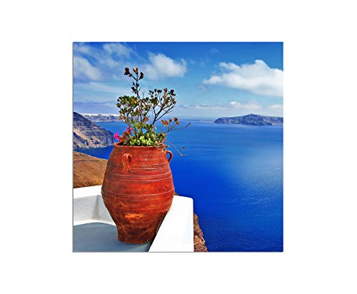 80x80cm - Fotodruck auf Leinwand und Rahmen Santorini Blumentopf Pflanze Meerblick - Leinwandbild auf Keilrahmen modern stilvoll - Bilder und Dekoration von Augenblicke Wandbilder