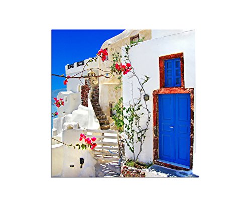 80x80cm - Fotodruck auf Leinwand und Rahmen Santorini Haus Blumen mediterran - Leinwandbild auf Keilrahmen modern stilvoll - Bilder und Dekoration von Augenblicke Wandbilder