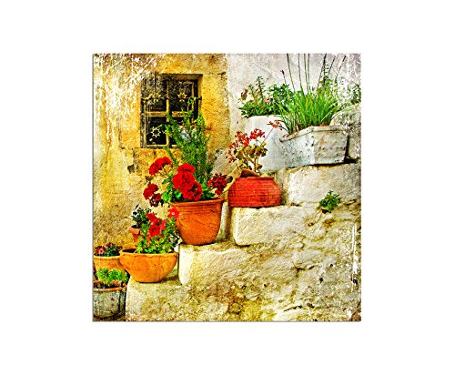 Augenblicke Wandbilder 80x80cm - Fotodruck auf Leinwand und Rahmen Blumentöpfe Blumen Griechenland Haus - Leinwandbild auf Keilrahmen modern stilvoll - Bilder und Dekoration von Augenblicke Wandbilder