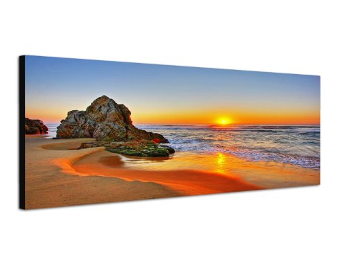Augenblicke Wandbilder Keilrahmenbild Wandbild 150x50cm Strand Meer Sonnenaufgang Fels von Augenblicke Wandbilder