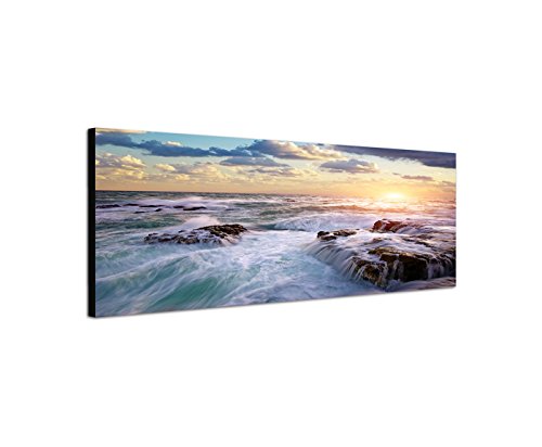 Augenblicke Wandbilder Leinwandbild als Panorama in 150x50cm Meer Felsen Wellen Sonnenstrahlen von Augenblicke Wandbilder