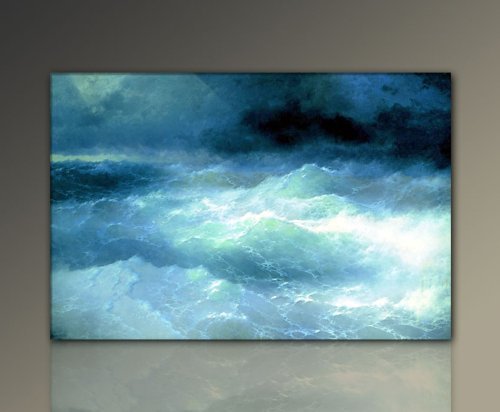 Meerlandschaft! Wandbild xxl günstig & modern (Aivazovsky_between-the-waves-1898-60x90cm) Deko Bilder fertig gerahmt mit Keilrahmen groß im Bilder Shop. Ausführung schöner Kunstdruck auf echter Leinwand als Wandbild mit Rahmen. Preiswerter als Ölbild Gemälde Foto Poster Plakat mit Bilderrahmen. Picture Style (Natur Meer Landschaft Wellen Sturm Unwetter blau grau weiß). 100% Made in Germany. von Augenblicke Wandbilder