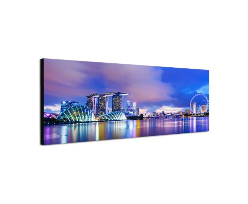 Singapur Skyline 150x50cm Panorama Wandbild auf Leinwand und Keilrahmen fertig zum aufhängen - Unsere Bilder auf Leinwand bestechen durch ihre ungewöhnlichen Formate und den extrem detaillierten Druck aus bis zu 100 Megapixel hoch aufgelösten Fotos. von Augenblicke Wandbilder