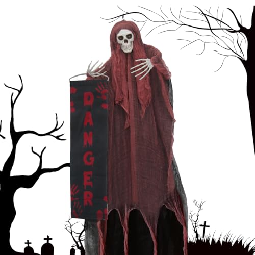 Augesak Halloween Deko Hängend 120cm Gruselig Sensenmann Dekoration Halloween Deko Outdoor XXL Horror Geister mit Danger Schild Hängedeko für Helloween Draußen Garten Outdoor Balkondeko (Rot) von Augesak