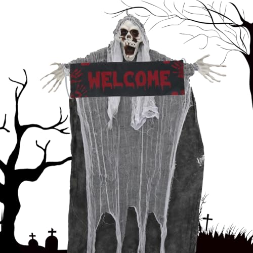 Augesak Halloween Deko Hängend 120cm Gruselig Sensenmann Dekoration Halloween Deko Outdoor XXL Horror Geister mit Welcome Schild Hängedeko für Helloween Draußen Garten Outdoor Balkondeko (Schwarz) von Augesak