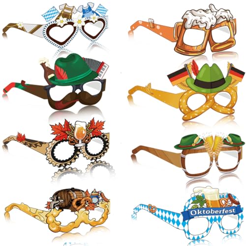 Oktoberfest Deko Accessoires,8 Stück Oktoberfest Party Brille,Bayrische Deko Papier Brillen, Fotobox Accessoires for Bierfest Party Oktoberfest Foto Requisiten von Augesak