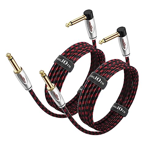 Augioth Gitarrenkabel 3 Meter 2 Packung, elektrisches Instrument Basskabel AMP Kabel 1/4 gerade zu Winkel schwarz und rot geflochten von Augioth