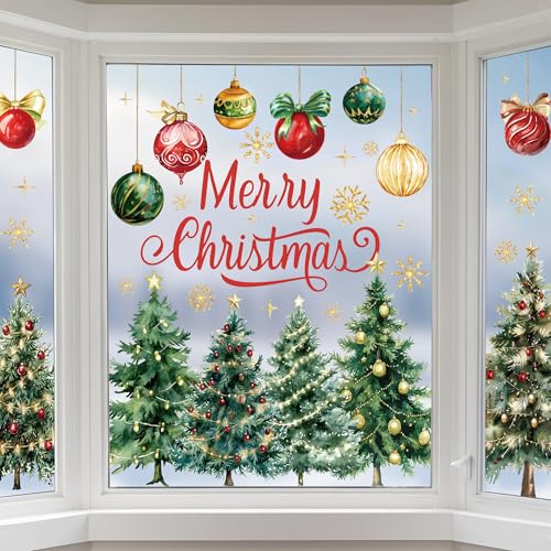 9 Bögen Weihnachts-Fensteraufkleber, Aquarellfarben, Weihnachtsbaum, Fensteraufkleber, Weihnachtskugel, Schneeflocke, Fensteraufkleber, doppelseitig, Frohe Weihnachten, Fensterdekorationen für Urlaub von Augisteen