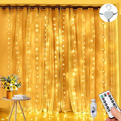Lichtervorhang Lichterketten, 3×3m 300 LED USB Vorhanglichter String Light 8 Modi mit Fernbedienung Timer für Deko Innenbeleuchtung (Warmweiß) von Augone