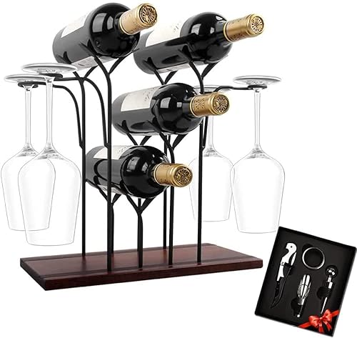 Augu Weinregal, freistehend, hoch, mit Glashalter, perfekt für Heimdekoration und Küche, Aufbewahrungsregal usw. (für 4 Flaschen und 4 Gläser) von Augu