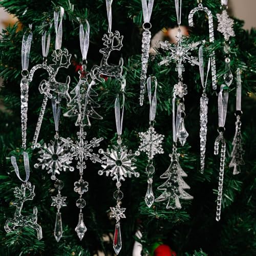 18 Stück Acryl Schneeflocke Eiszapfen Tropfen Ornamente für Weihnachtsbaum Dekoration mit Haken zum Aufhängen für Urlaubsatmosphäre von AugustknowU