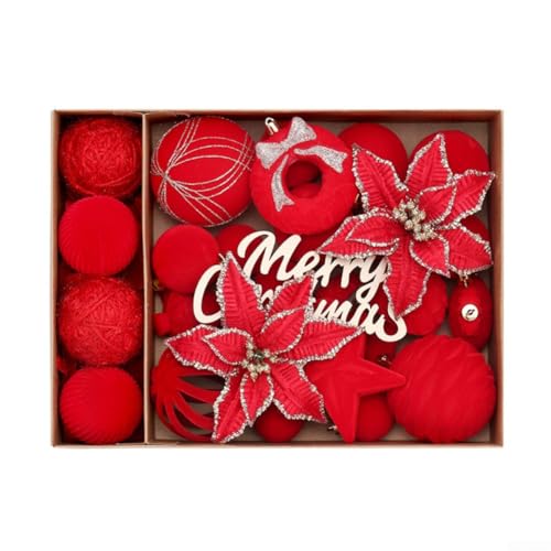 38-teiliges Weihnachtsdekorationsset mit Kunststoffbeflockung, sichere und langlebige Ornamente, geeignet für Bäume, Kränze und mehrere Urlaubsszenen (rot) von AugustknowU