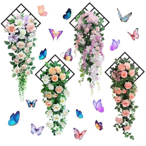 4 Stück 3D Blume und Schmetterling Wandaufkleber für Innendekoration, abnehmbare Wandaufkleber für Schlafzimmer, Wohnzimmer und Küche von AugustknowU