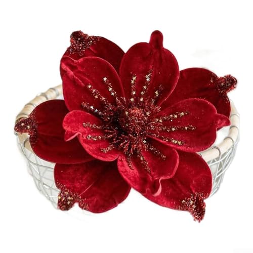 Künstliche Magnolien-Blumen-Picker mit Stoffmaterial für Weihnachtsbaumschmuck, zur Verschönerung des Feiertags, saisonale Heim- und Party-Dekoration (rot) von AugustknowU
