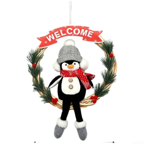 Saisonaler Türkranz aus Stoff mit bezauberndem Pinguin-Design und Kranz-Form mit einem warmen Willkommensschild für den Urlaub (B) von AugustknowU
