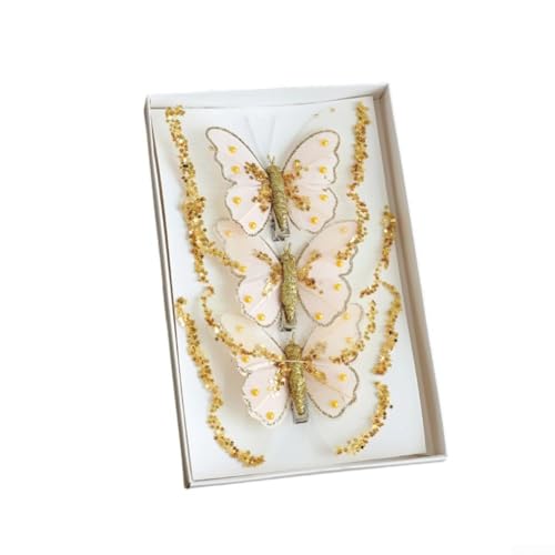 Weihnachtsbaum-Schmetterlings-Ornamente mit doppellagigen Pailletten und Feder-Verzierungen, hängende Dekoration für Bäume, Kränze und Kaminsims, mit langlebigem Kunststoff (Golden) von AugustknowU