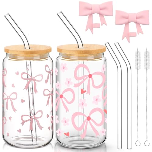 Auiremrti 2 Stück Schleifendruck-Glasflasche,16oz Gläser Set,Bow Gläser Mit Glasstrohhalm Edelstahlstrohhalm Und Wiederverwendbare Silikon-Strohhalmaufsätze von Auiremrti