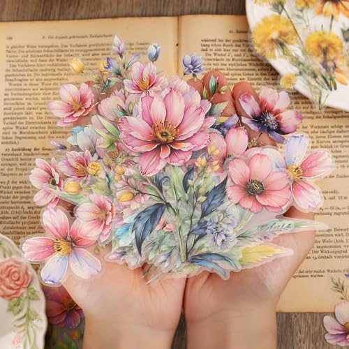 Auiremrti Blumen Sticker Set,60 Glasklare Blumen Aufkleber In Verschiedenen Farben,Premium Qualitativ Hochwertige Und Wasserfeste Rub On Sticker Für Scrapbook Und Kunstprojekte von Auiremrti