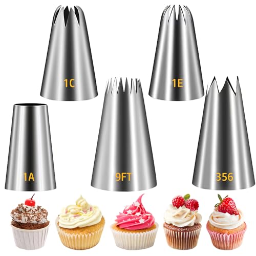 Auiremrti Großes Spritztüllen-Set, Kuchendekorationsspitzen aus Edelstahl, 5-teilige Zuckerguss-Spitzen zum Dekorieren von Kuchen, Cupcakes, Keksen (1A 1E 1C 9FT 356) von Auiremrti