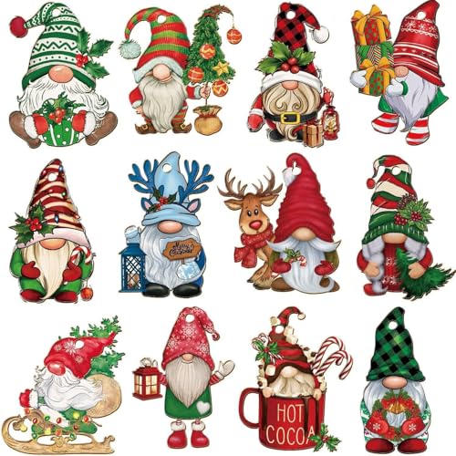 Auiremrti Weihnachtsbaumschmuck Set,24 Stück Holz-GNOME Ornaments Mit 12 Verschiedenen Designs,Christbaumschmuck,Perfekt Für Weihnachtsdeko Zum Aufhängen von Auiremrti