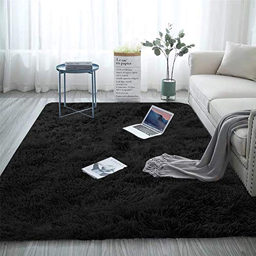 Aujelly Soft Area Rug Schlafzimmer Shaggy Teppich Zottige Teppiche Flauschige Bunte Batik-Teppiche Carpet Neu Schwarz 160 x 200 cm von Aujelly