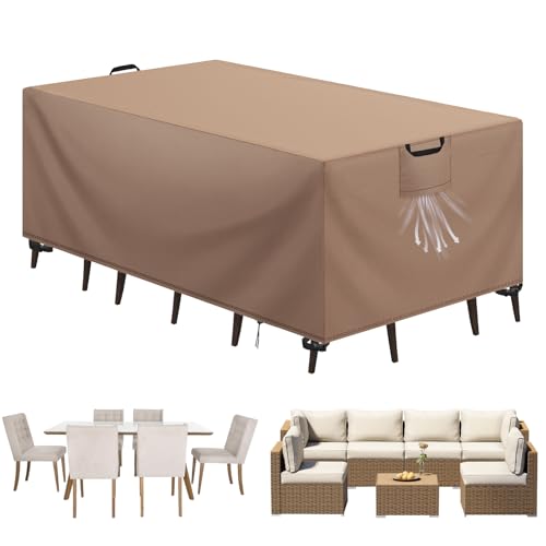 Aujink Abdeckung Gartenmöbel Winterfest, Wasserdichte Schutzhülle Gartenmöbel 420D Oxford Anti-UV Abdeckplane für Gartentische Terrassenmöbel Regenschutz und Staubfest Abdeckhaube Khaki 213x132x74cm von Aujink