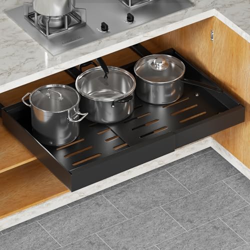 Aukimo Teleskopschublade, Ausziehbarer Schrank Organizer mit Einstellbarer Breite (32-53 cm), Hochwertiger Kohlenstoffstahl, Ausziehbare schublade küche für Schrank & Pantry(Schwarz) von Aukimo