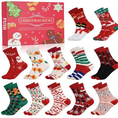 Weihnachtsstrümpfe Adventskalender 2025 24 Tage Weihnachtscountdown Kalender mit 12 Paar lustigen und bunten Socken Xmas Countdown Kalender Weihnachtsgeschenke für Erwachsene Männer Frauen (B) von Aukojoy
