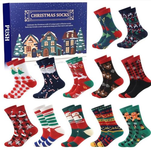 Weihnachtsstrümpfe Adventskalender 2025 24 Tage Weihnachtscountdown Kalender mit 24 Paar lustigen und bunten Socken Xmas Countdown Kalender Weihnachtsgeschenke für Erwachsene Männer Frauen (C) von Aukojoy