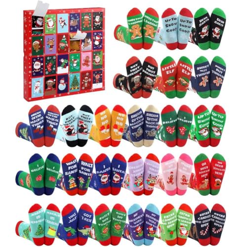 Weihnachtsstrümpfe Adventskalender 2025 24Tage Weihnachtscountdown Kalender mit 12/24Paar lustigen und bunten Socken Xmas Countdown Kalender Weihnachtsgeschenke für Erwachsene Männer Frauen (24 Paar) von Aukojoy