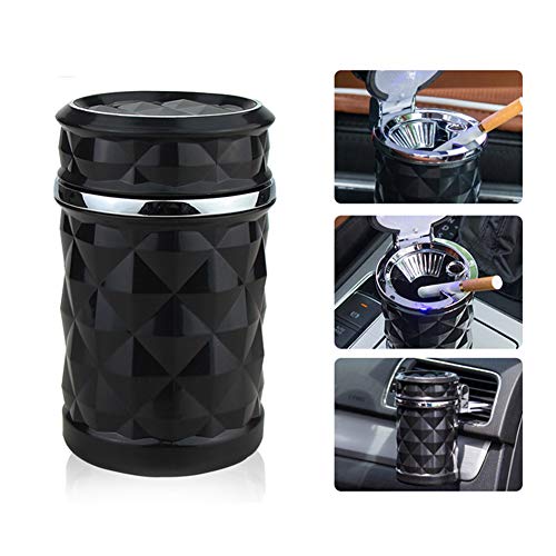 Q92D Aschenbecher Auto Luxus LED KFZ Autoaschenbecher mit Deckel, 2 Windschnallen, Tragbare Auto rauchfreien Stand Zylinder Cup Holder mit LED Lampe für Kfz Reise Büro Schwarz, 7 x 7 x 11,2 cm von Aukson