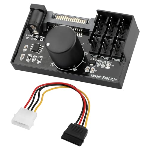 4 Pin 12V PWM Lüfter Controller unterstützt 6 Lüfter, PC-Lüfteradapter-Hub mit Stromversorgung über SATA und DC 5525, Cooling Fan Speed Knob with Max Total 60W 5A Output von Aukuoy