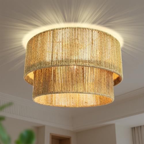 Aulaiyi Deckenlampe Boho, 2 Lagen Deckenleuchte aus Jute Geflecht, Vintage E27 Deckenlampe Rattan, Rustikal Boho Lampe Decke für Wohnzimmer Schlafzimmer Esszimmer Küche Flur von Aulaiyi