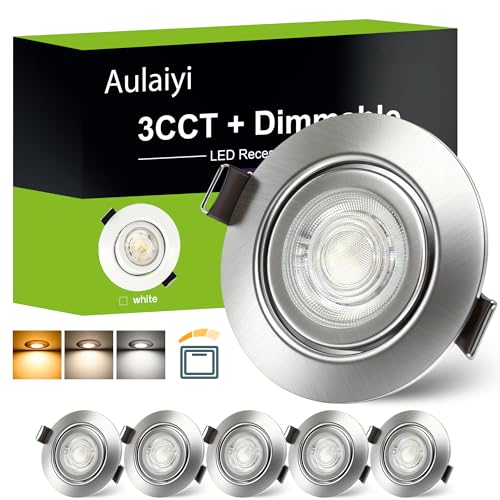 Aulaiyi LED Einbaustrahler 230V Dimmbar 68mm 5.5W IP44 LED Spots Ultra Flach Deckenspots 45° Schwenkbar Einbauleuchten Warmweiß Neutralweiß Kaltweiß Einbauspots für Bad Wohnzimmer, Nickel 6er Set von Aulaiyi