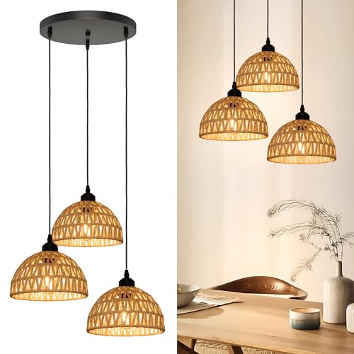 Aulaiyi Rattan Pendelleuchte Esstisch 3 Flammig, Boho Hängelampe Rattan mit E27 Fassung, Ø21cm x 3 Handgewebter Lampenschirm, Vintage Hängeleuchte für Schlafzimmer Wohnzimmer Küche von Aulaiyi