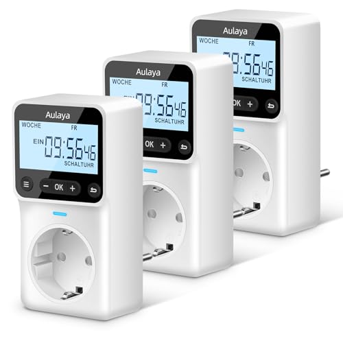 Zeitschaltuhr Steckdose Digital Innen mit 25 konfigurierbaren Wochen- Tages- und Minuten Programmen,LCD-Display Digitale Elektrische Zeitschaltuhr für Innen 3680W 3 Pack von Aulaya