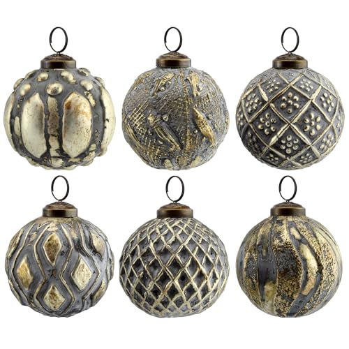 AuldHome Bauernhaus-Kugel-Ornamente (6 Stück, Silbergrau); Metall-Glaskugel im Vintage-Stil, Weihnachtsdekoration von AuldHome Design