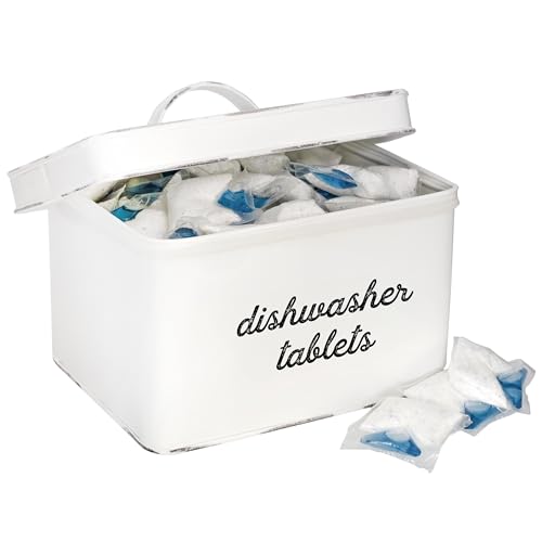 AuldHome Design Spülmaschinen-Kapselhalter, Tablet-Behälter, weiße Emaille, rustikale Küchen-Aufbewahrungsdose mit Deckel von AuldHome Design