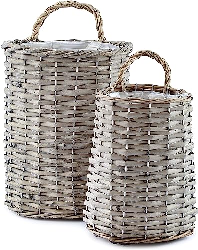 AuldHome Hängekörbe für die Wand (2er-Set, grau); gewebtes Weidengeflecht, rustikal, Bauernhaus, grau, gewaschene Türkörbe, klein und mittelgroß von AuldHome Design