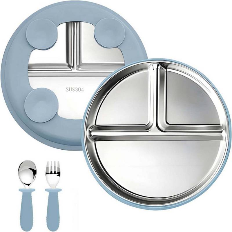 Auledio Kindergeschirr-Set Edelstahl Baby Teller mit Silikon Saugnapf,Spülmaschinenfest von Auledio