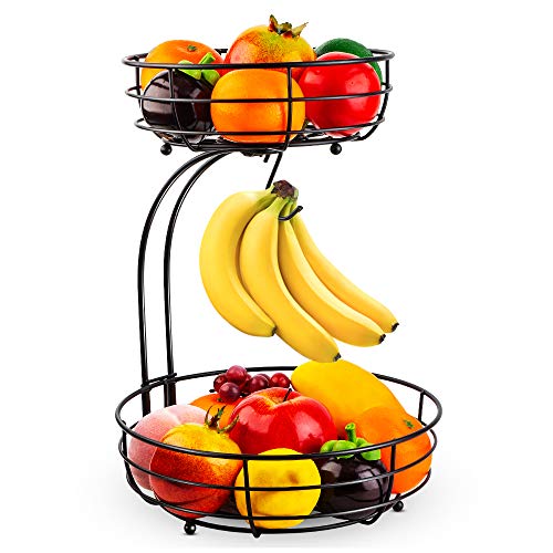 Auledio Obstkorb mit Bananenhalter, Metall 2 Stöckig Obstschale Obst Schüssel Brotkorb Gemüse Halter Aufbewahrung für Küche, Schwarz von Auledio