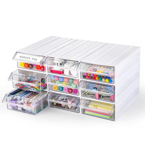 Stapelbarer Aufbewahrungsschrank aus Kunststoff, für den Schreibtisch und an der Wand, 9 Schubladen, mit 18 transparenten Trennwänden, multifunktionaler Organizer mit 9 Etiketten, für Zuhause, Büro, von Aulock
