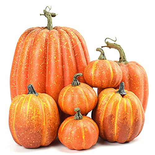 7 Stück künstliche Kürbisse Halloween Dekoration,Halloween Simulierter Schaumstoff Orange Kürbis,Harvest Fall Schaumstoff Kürbisse für Herbst Thanksgiving Halloween Home Party Supplies (Orange 01) von Aunaeyw