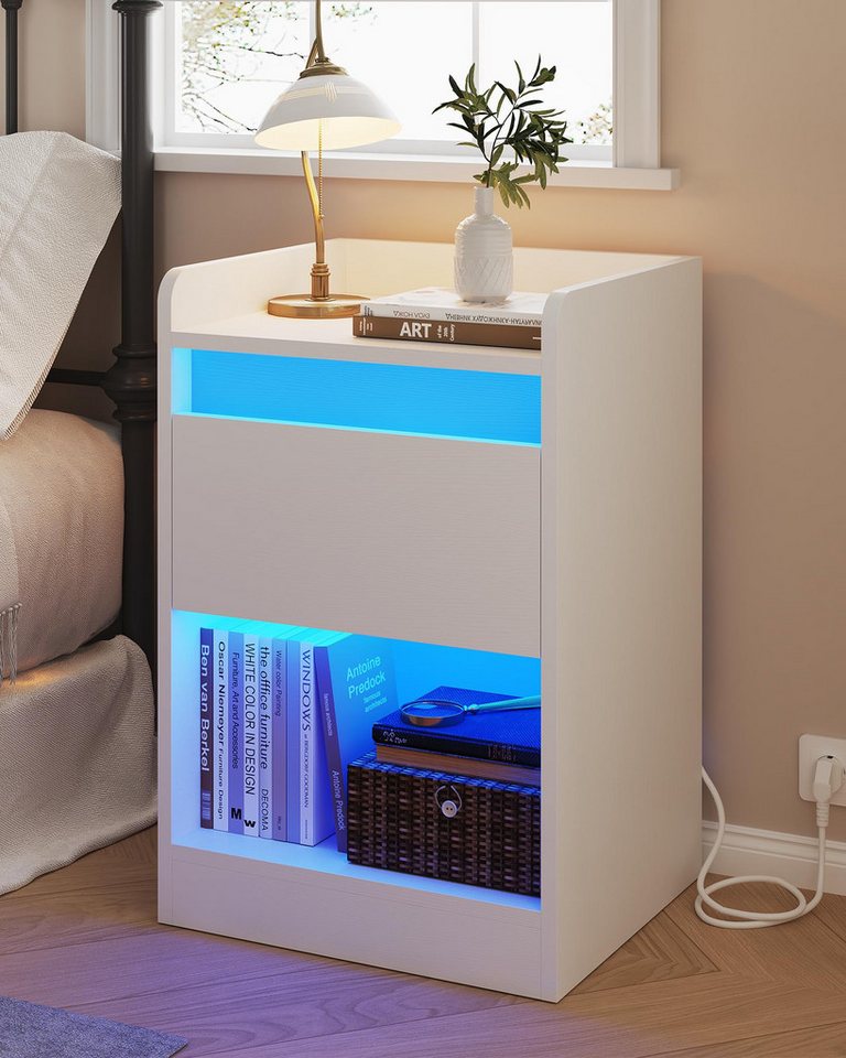 Aunfebrco Nachttisch mit 2 LED-Streifen und Ladefunktion, mit Schublade und offenem Fach, stabil und langlebig von Aunfebrco