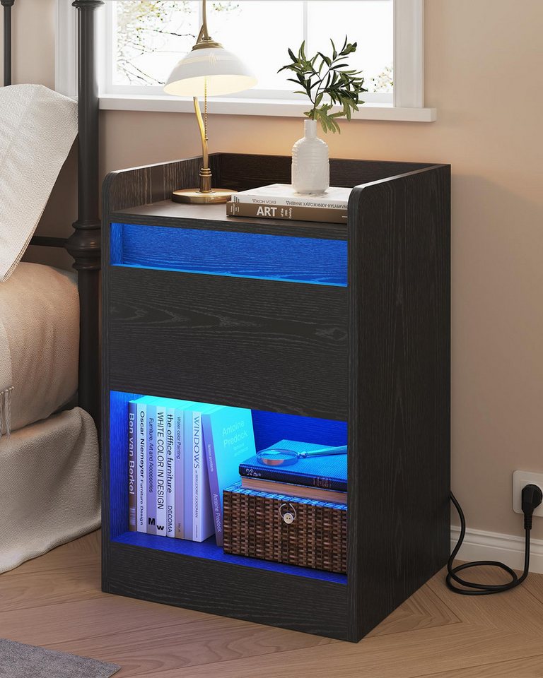 Aunfebrco Nachttisch mit 2 LED-Streifen und Ladefunktion, mit Schublade und offenem Fach, stabil und langlebig von Aunfebrco