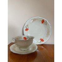 Art. 101 - Schöne Vintage Sammeltasse Elfenbein Porzellan Rotes Blumenmotiv Und Blauer Rand von AuntieMagpiesVintage